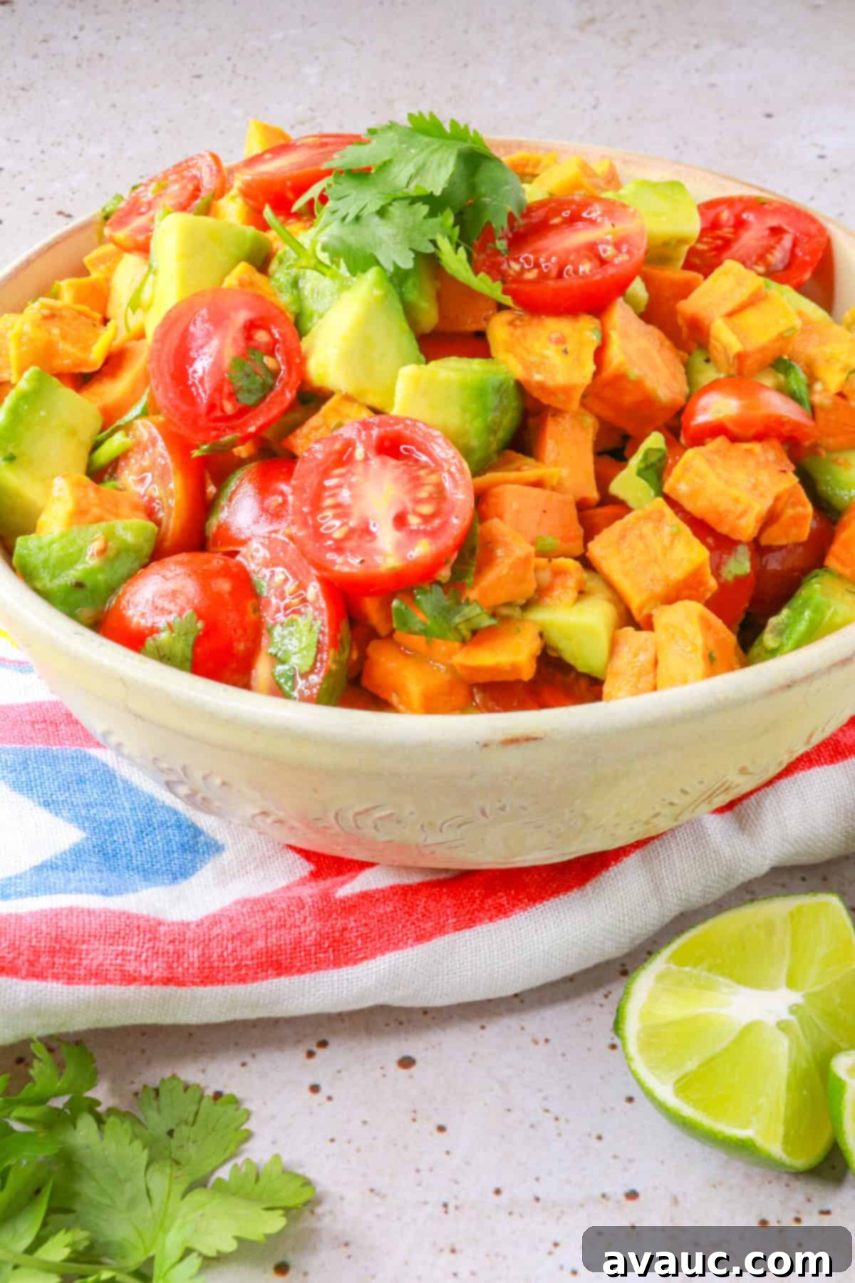 Sweet Potato Avocado Salad 11 Bowl of ensalada de camote, ready to serve
