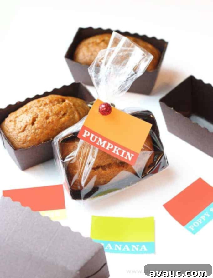Mini Pumpkin Bread Loaves Recipe Plus Free Gift Tags 7 Moist pumpkin bread mini loaf pan recipe in tiny disposable loaf pans with colorful printable gift tags attached.