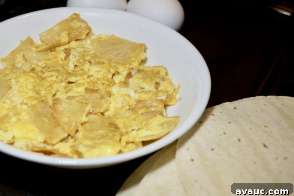 A beautifully plated fast and easy breakfast of huevos con tortilla, highlighting its rustic charm. #mexicanbreakfast #easybreakfast #huevoscontortilla