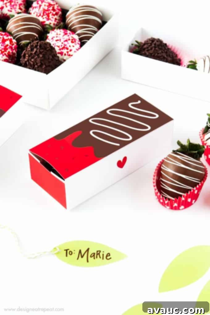 Gift berries in style with these free Printable Chocolate Covered Strawberry Valentine's Day Gift Boxes by Design Eat Repeat!