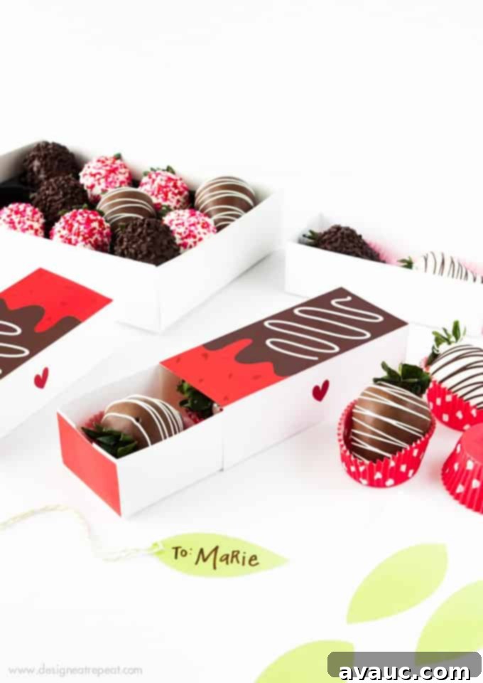 Gift berries in style with these free Printable Chocolate Covered Strawberry Valentine's Day Gift Boxes!