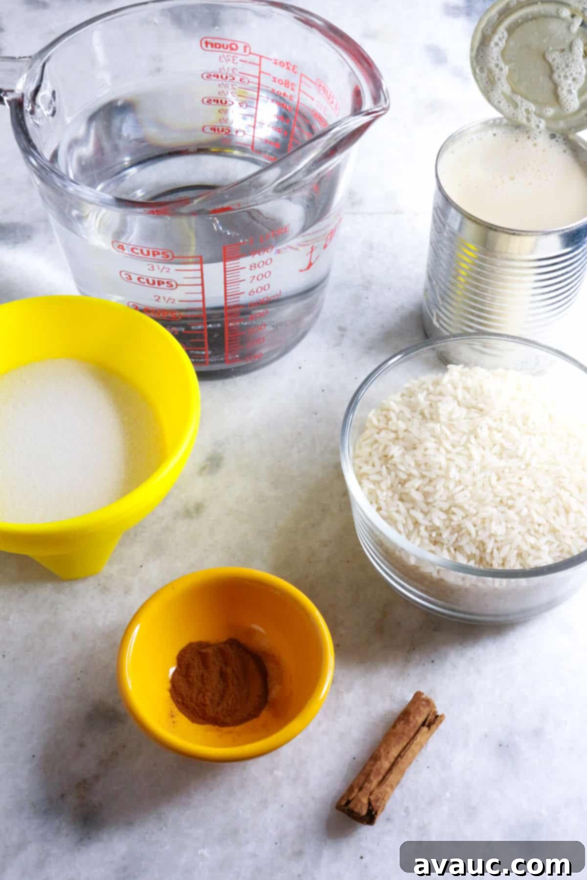 Cooling Horchata Delight 3 Measuring cup with water, can with evaporated milk, container with sugar, one with rice, another with ground cinnamon and a cinnamon stick, illustrating horchata ingredients.