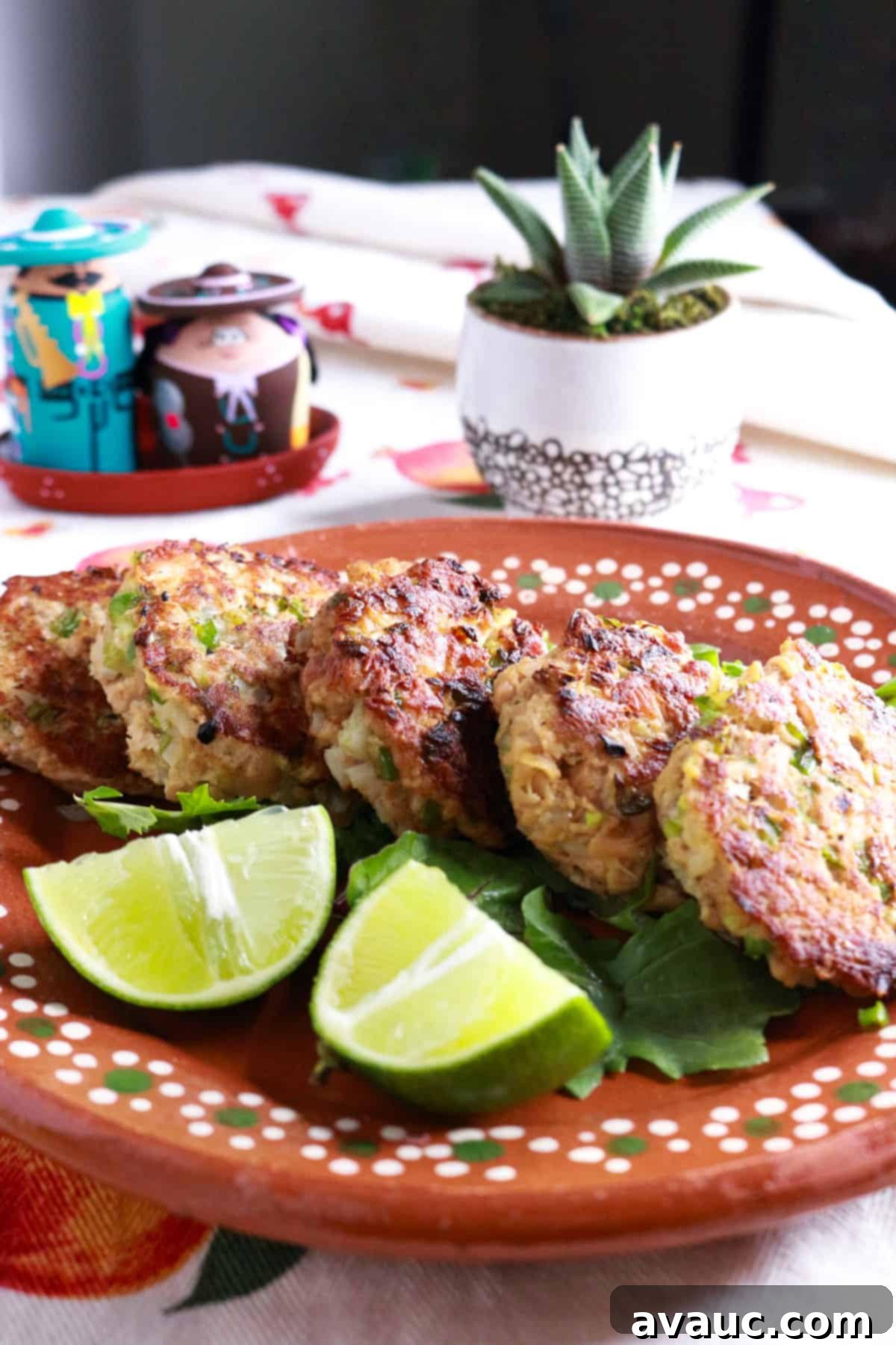 Mexican Tuna Croquettes 2 Plate with croquetas de atun on greens with a side of lime wedges.