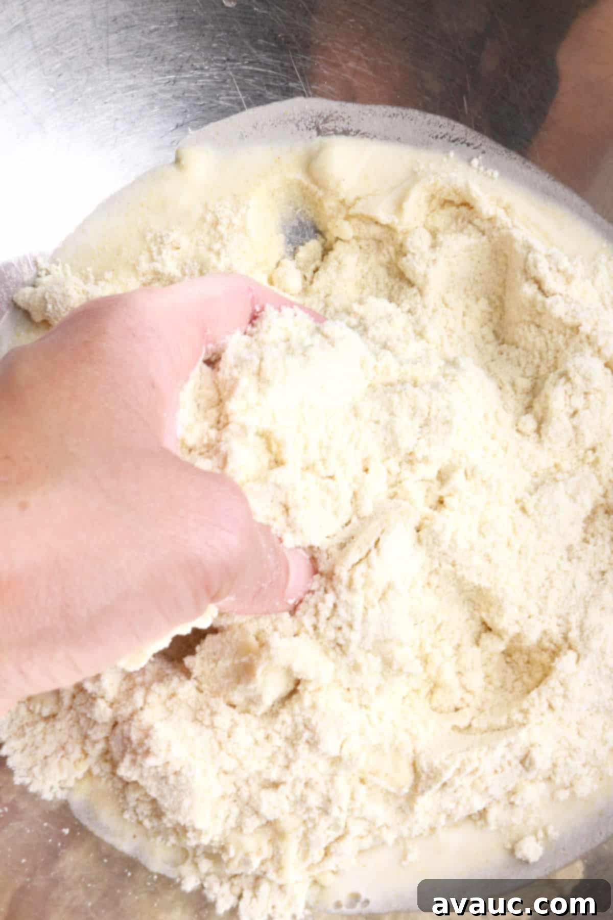 Hands kneading masa dough in a mixing bowl to achieve a smooth, pliable consistency