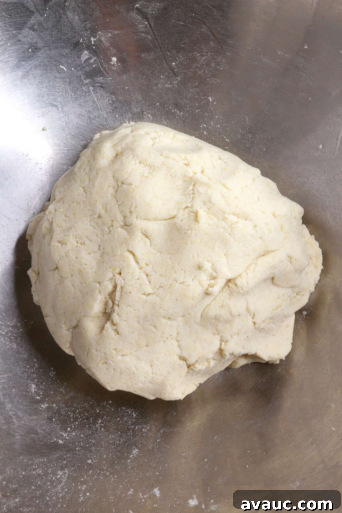 A perfectly formed ball of masa dough resting in a mixing bowl, ready to be pressed