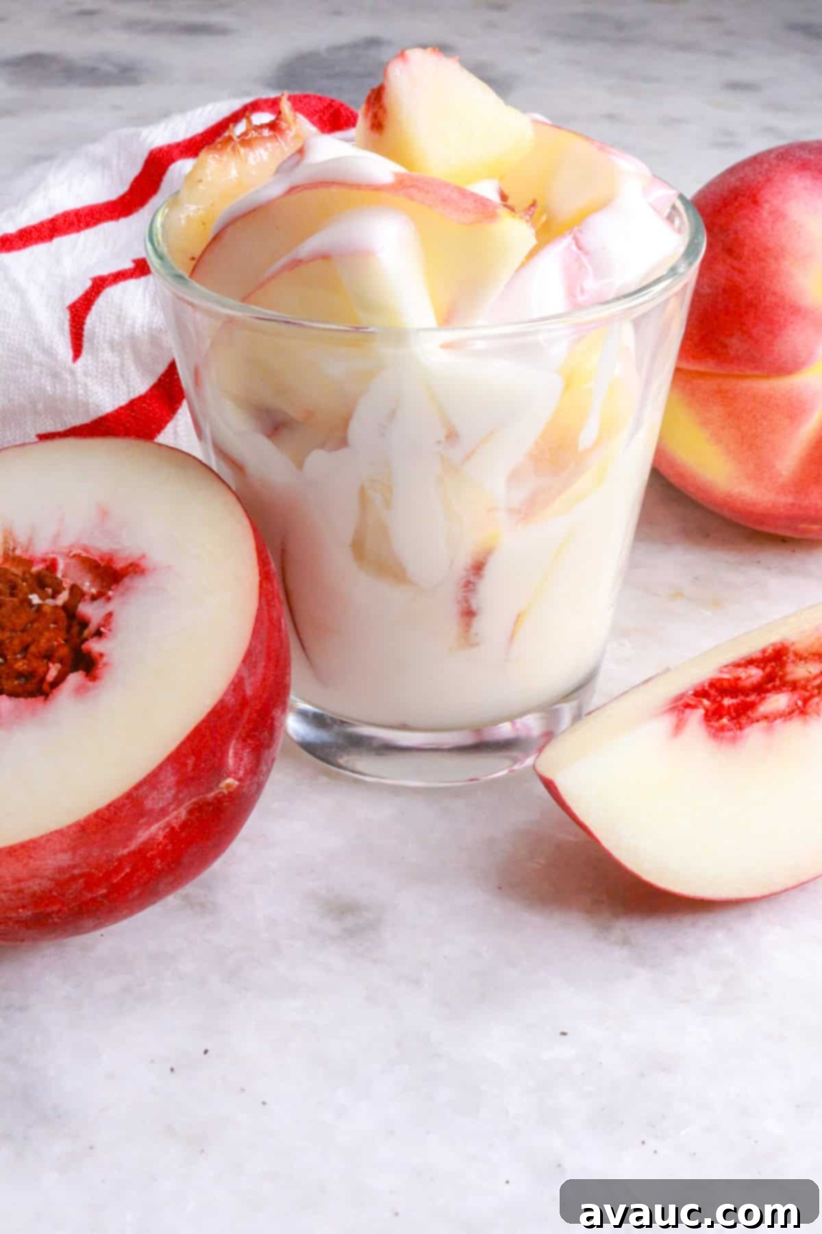 Plant Based Peaches and Cream 10 Dairy-Free Duraznos con Crema in a glass