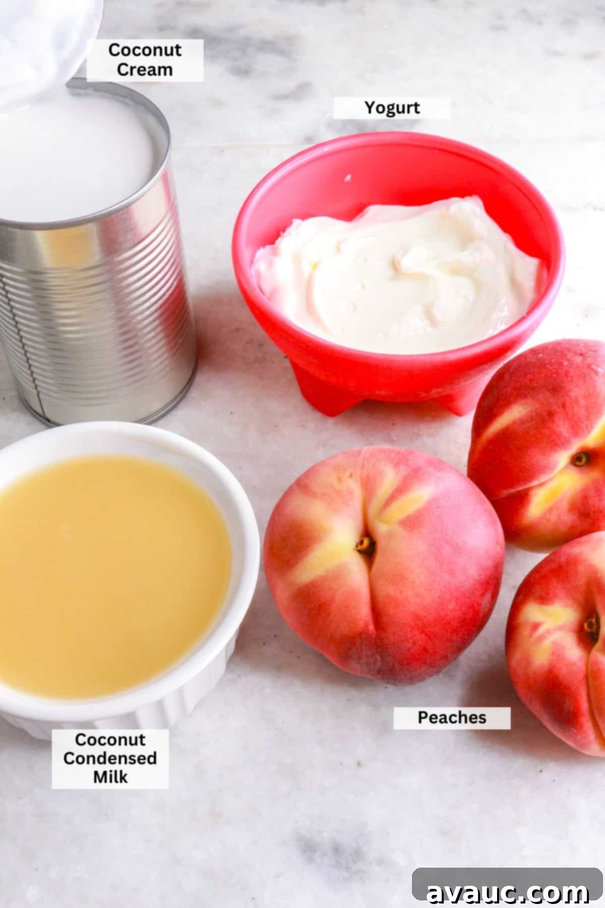 Plant Based Peaches and Cream 3 Ingredients for duraznos con crema: coconut cream, yogurt, coconut condensed milk, peaches