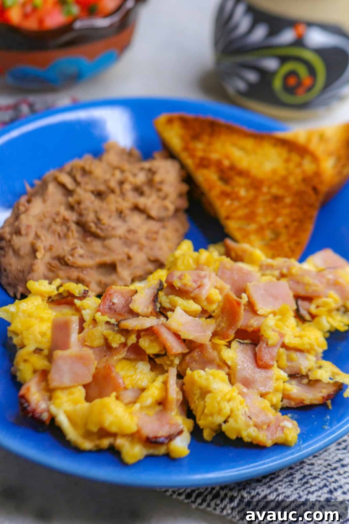 Classic Ham and Egg Scramble 9 Plate with refried beans, toast and huevos con jamon