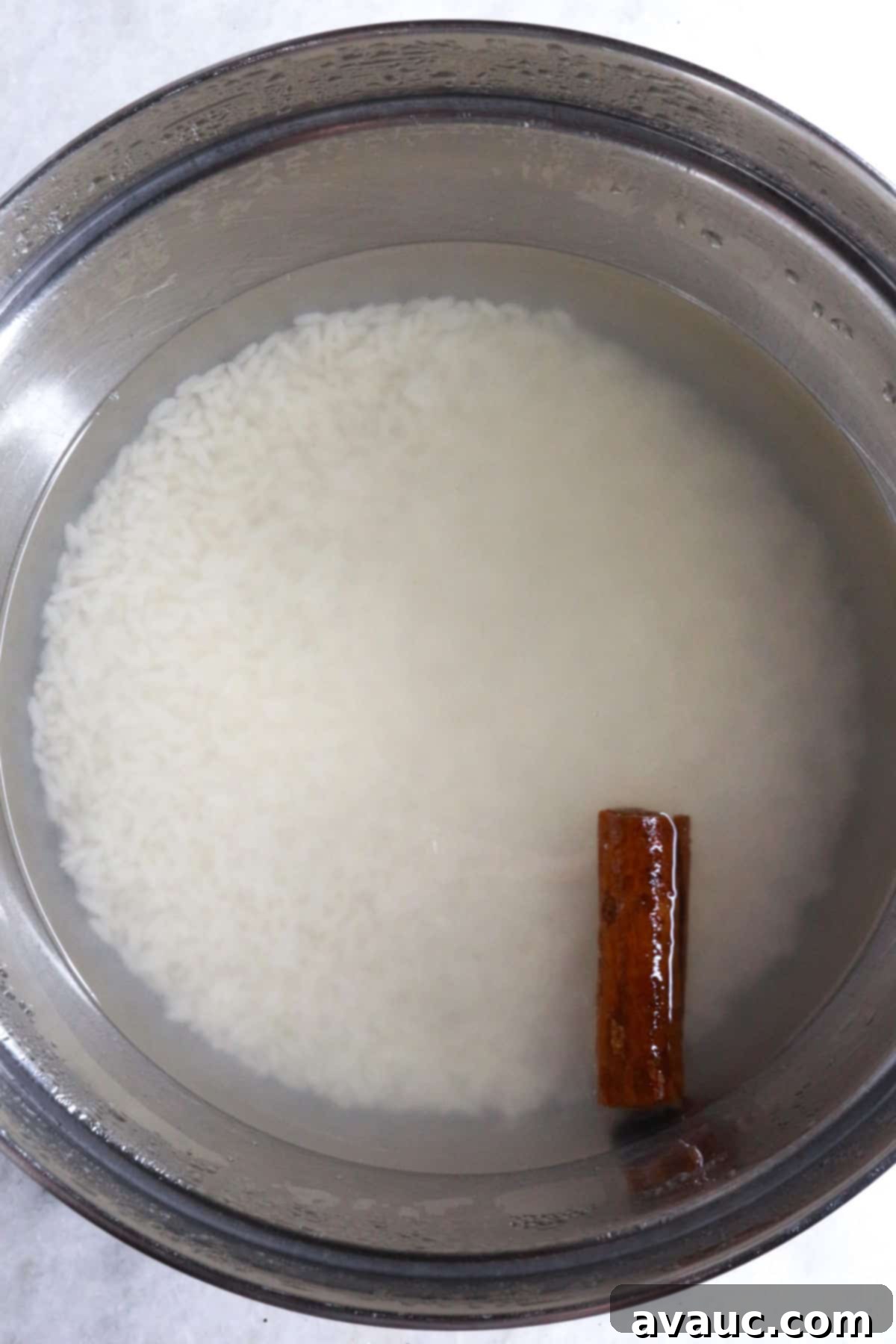 Fall Pumpkin Spice Horchata 4 Bowl with white rice and cinnamon stick covered with water, soaking
