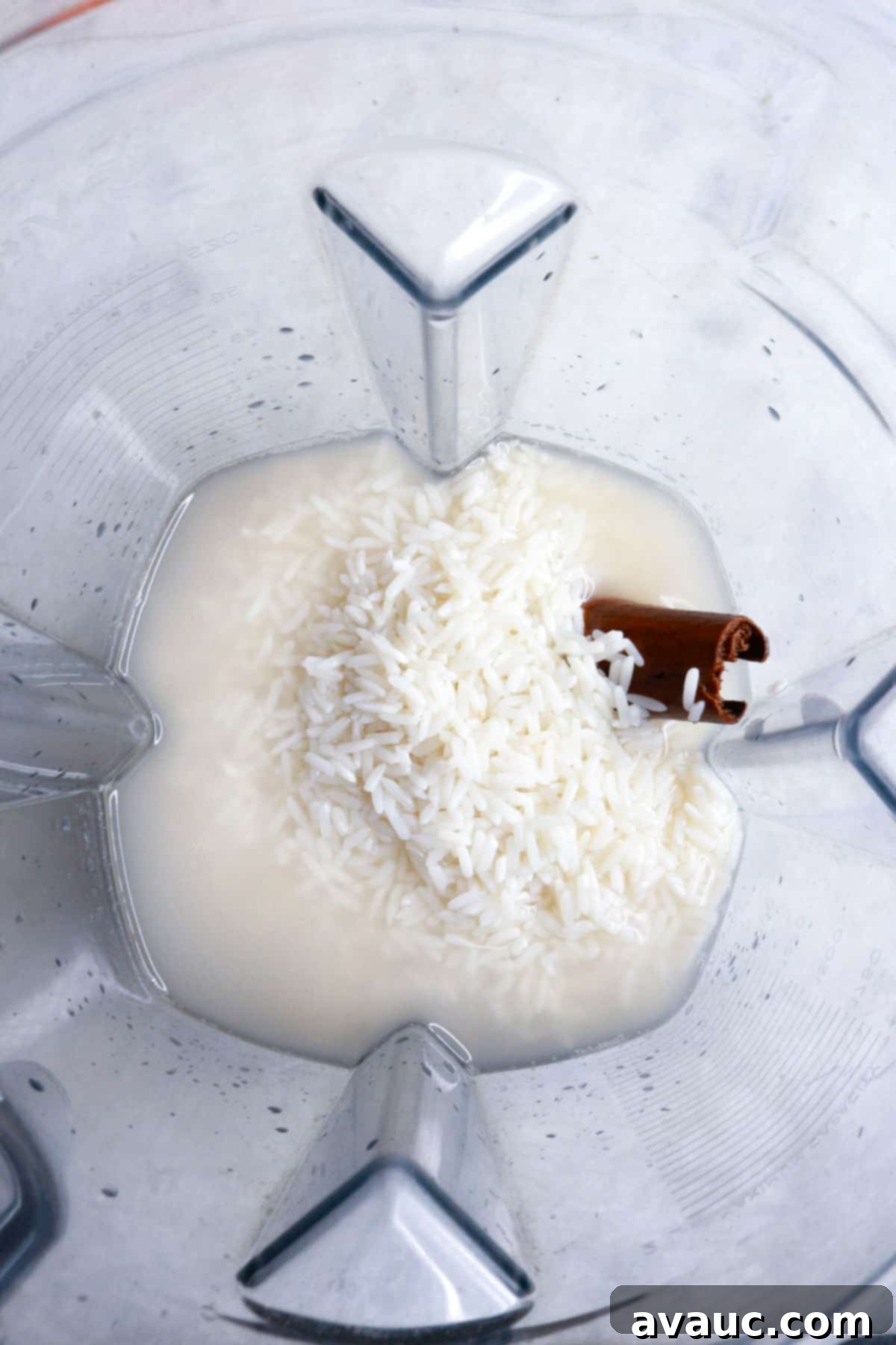 Fall Pumpkin Spice Horchata 5 A blender containing soaked rice, water, and a cinnamon stick, ready for blending