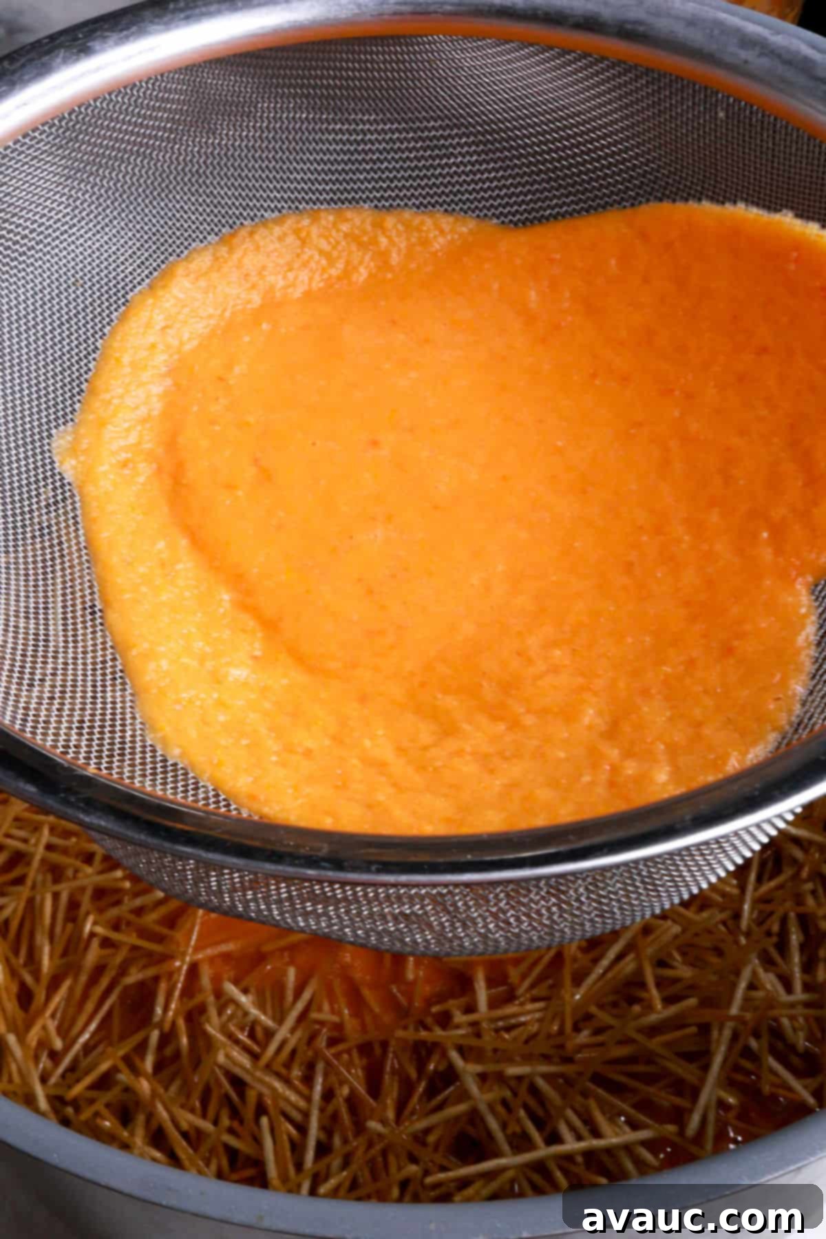 Delicious Gluten-Free Mexican Fideo Soup 7 Tomato sauce being strained