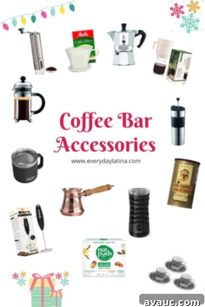Collage of various coffee making accessories, beautifully arranged for a home coffee bar setup.