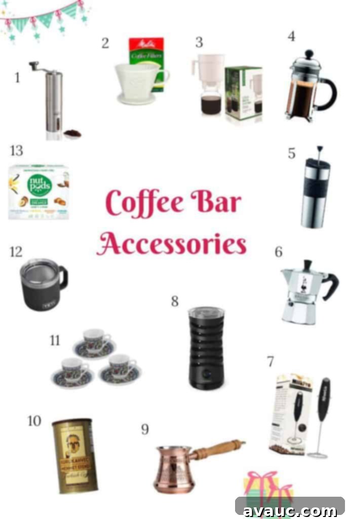 Collage of coffee making accessories with numbers, highlighting each recommended item.