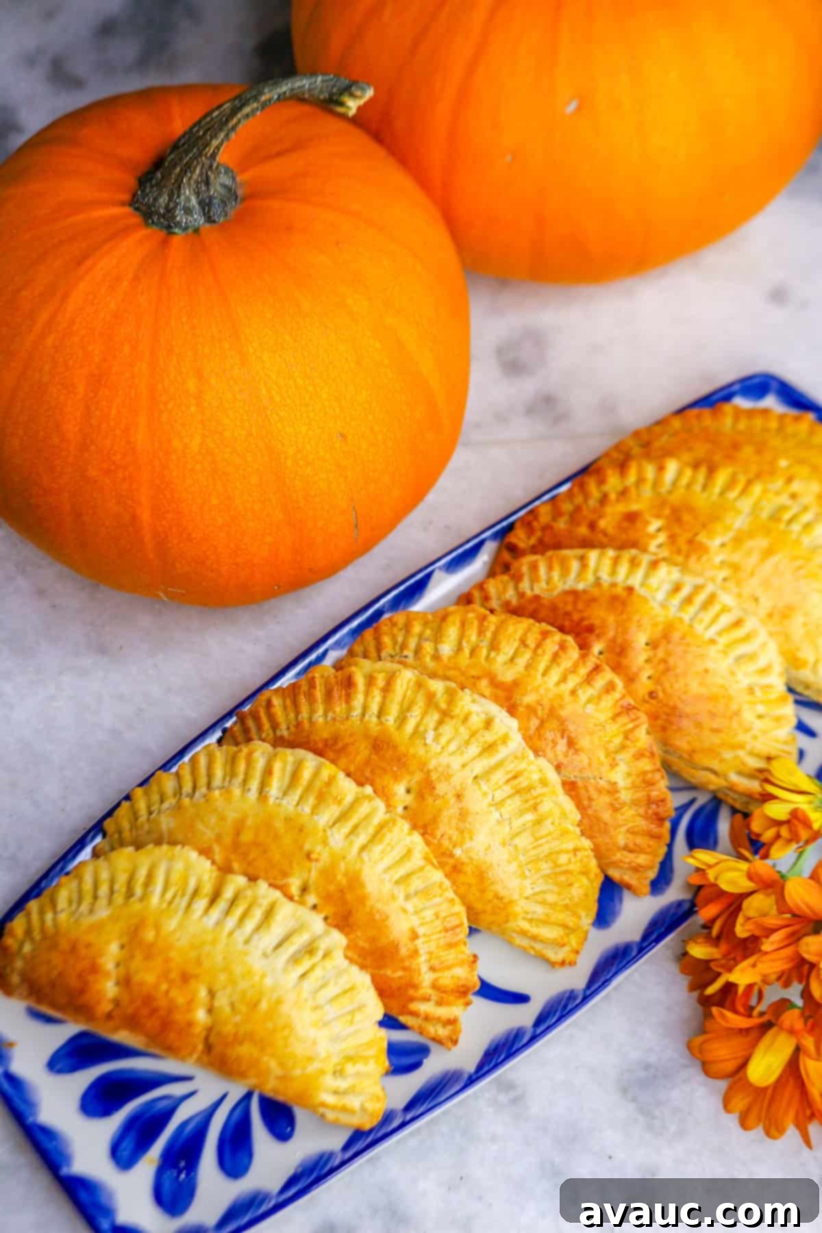 Gluten-free empanadas de calabaza arranged in a row on a long platter