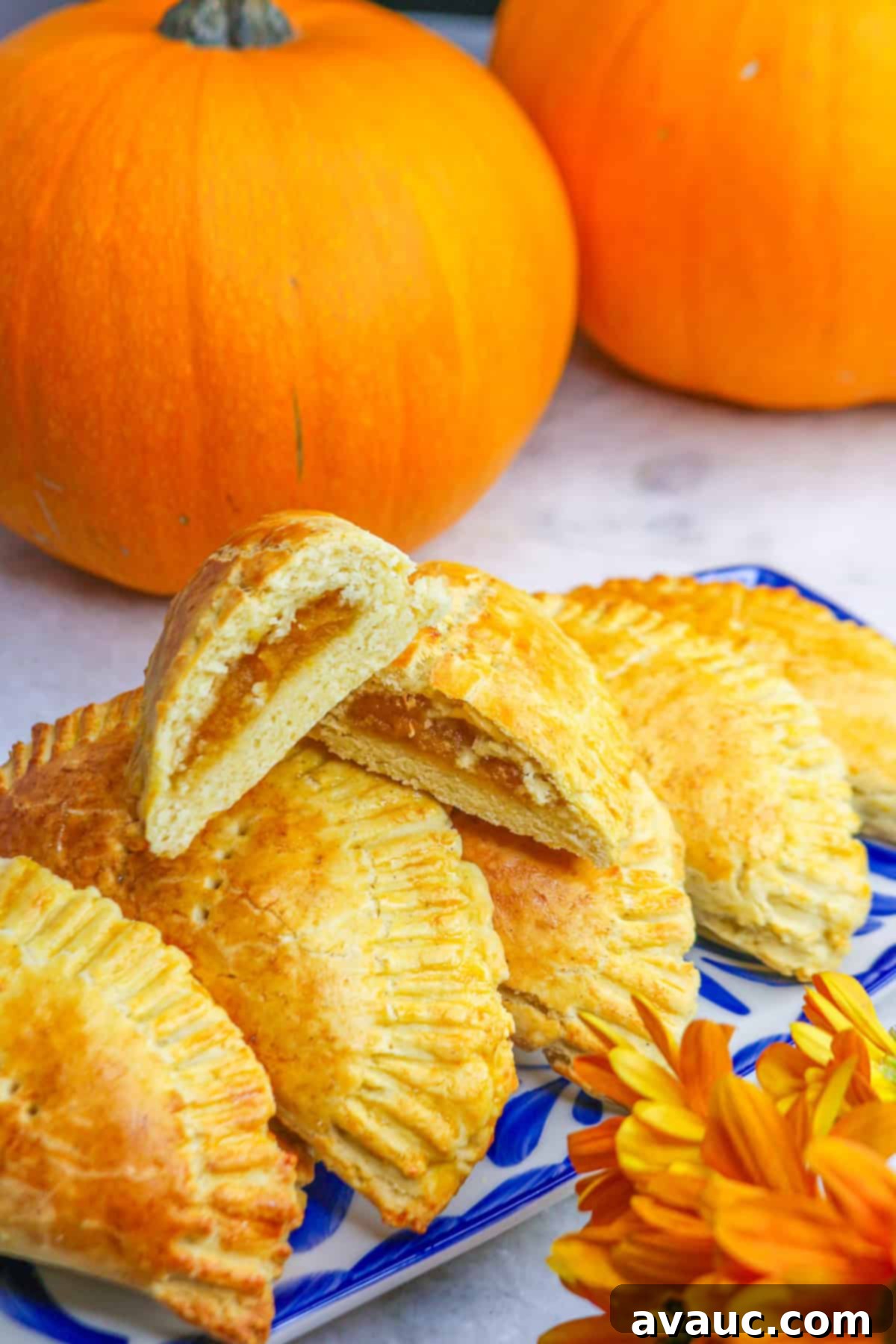 Cut empanada de calabaza on top of other pumpkin empanadas on a platter