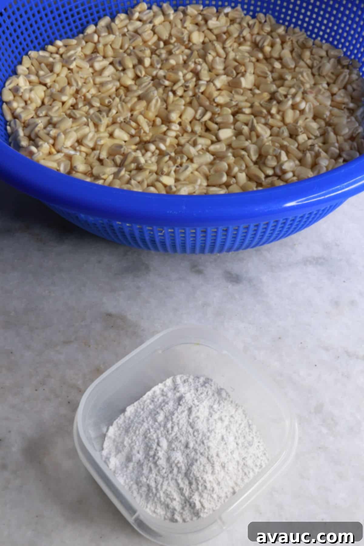 Mastering Nixtamalization for Authentic Tamales 3 A large bowl filled with dried white whole-kernel corn, accompanied by a small container of calcium hydroxide, essential for the nixtamalization process.