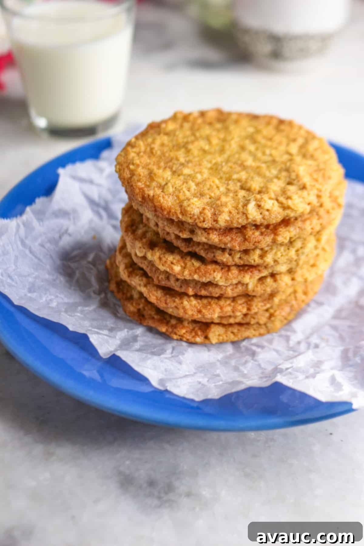 A stack of golden-brown coconut flour oatmeal cookies on a blue plate, with a glass of milk forming a cozy backdrop.