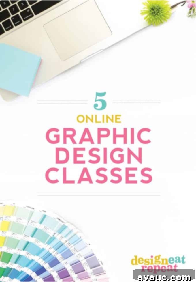 Melissa from Design Eat Repeat shares her top 5 graphic design classes you can take online to improve your design chops, featuring various creative skills and business tools.