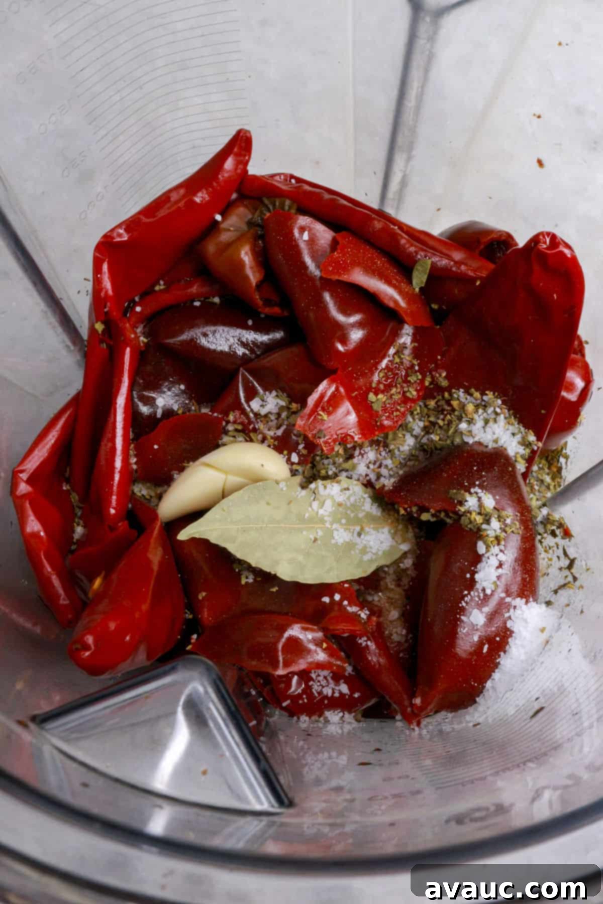 Slow-Cooked Red Chile Pork 5 A blender with boiled red chiles, spices and dried herbs