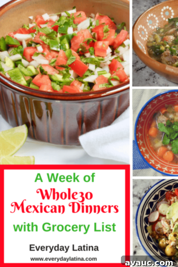 Whole30 Mexican Weekly Dinners and Grocery List 2 Week of Whole30 Mexican Dinners, featuring a colorful spread of compliant Mexican dishes