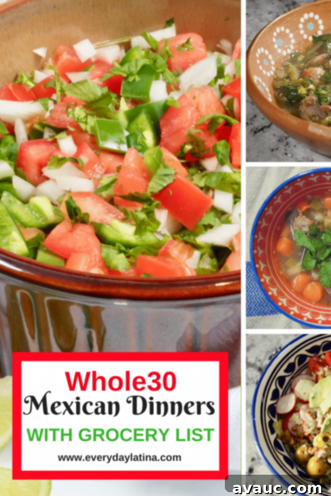 Whole30 Mexican Weekly Dinners and Grocery List 5 A colorful table spread of Whole30 Mexican Dinners, showcasing various dishes and ingredients