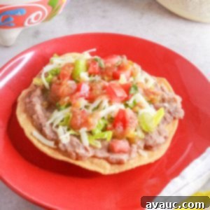 Crispy Bean Tostadas 11 A red plate with a tostada de frijoles (bean tostada)