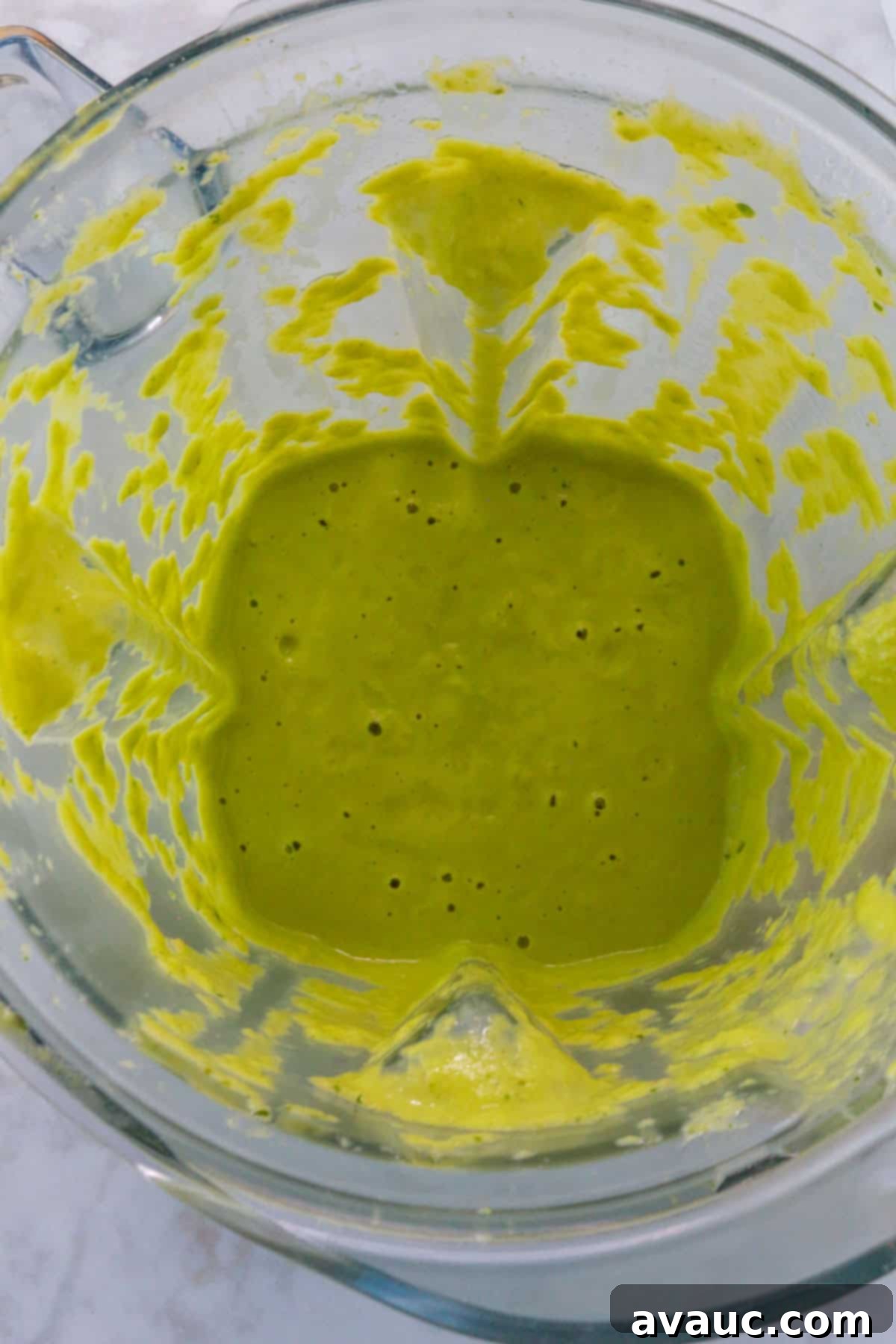 Mockamole 9 Blended creamy fake guacamole salsa in the blender container, showing its smooth texture