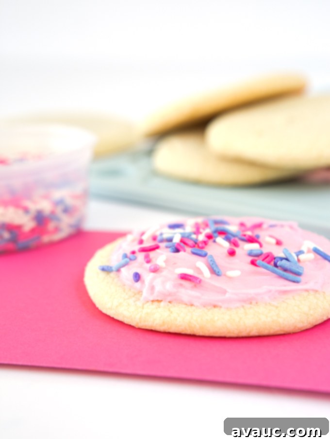 Velvet Smooth Sugar Cookie Icing 3 Cream cheese and real butter make a quick and easy sugar cookie frosting for your favorite cookies! A close-up of the smooth, creamy frosting.