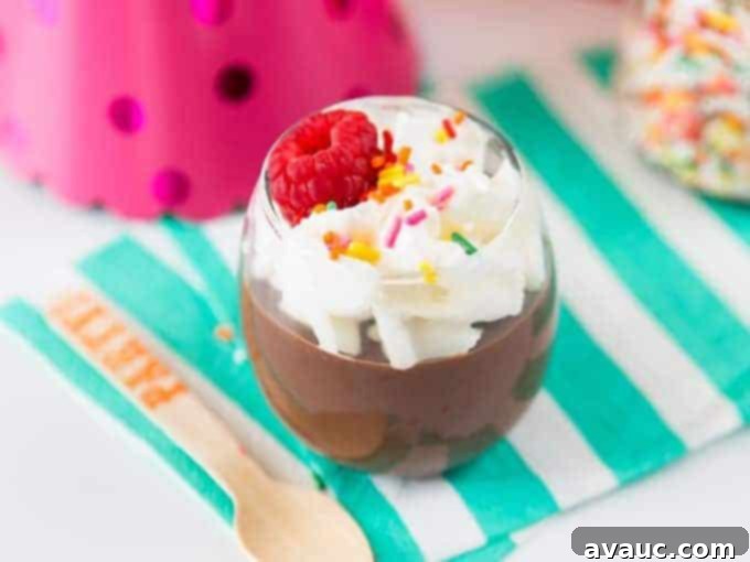 A close-up shot of the smooth, dark, and inviting texture of homemade chocolate pudding.