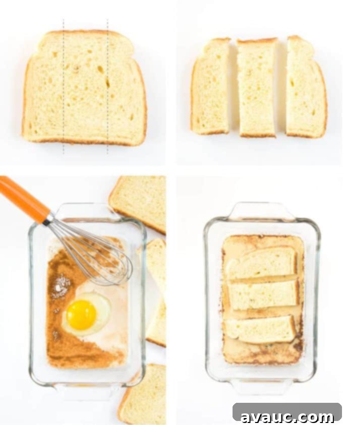 Step by step instructions to make french toast sticks. Shows how to cut bread, whisk egg mixture, and dip