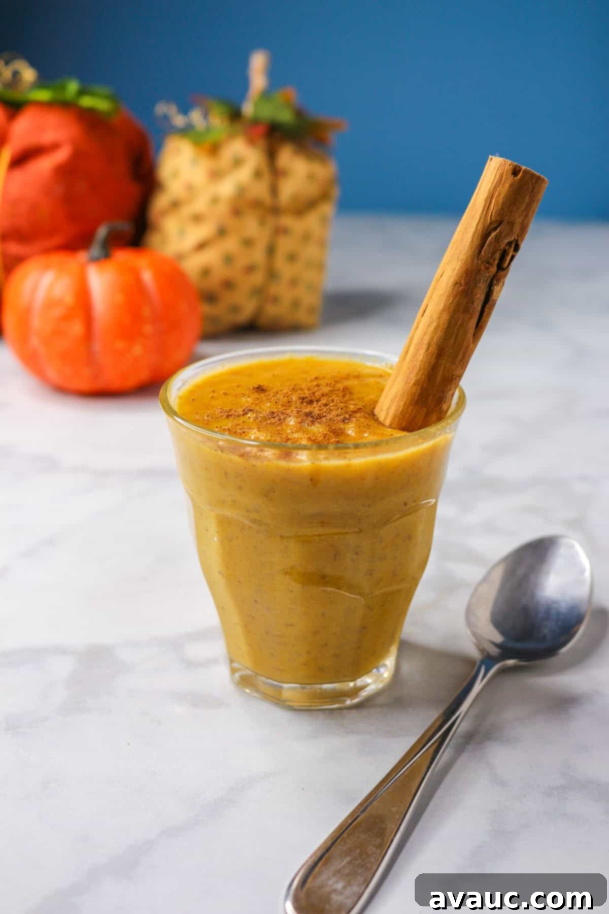Pumpkin arroz con leche in a glass cup garnished with a cinnamon stick
