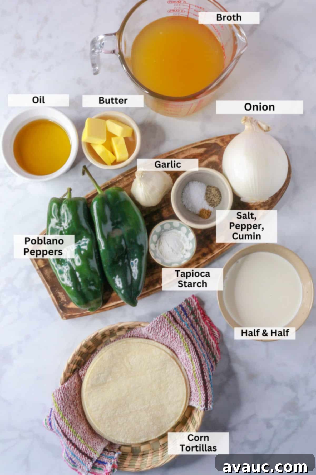 Hearty Poblano Soup: Dairy-Free Creaminess 3 Ingredients for poblano cream soup: broth, oil, butter, onion, garlic, spices, tapioca powder, poblano peppers, cream, and corn tortillas