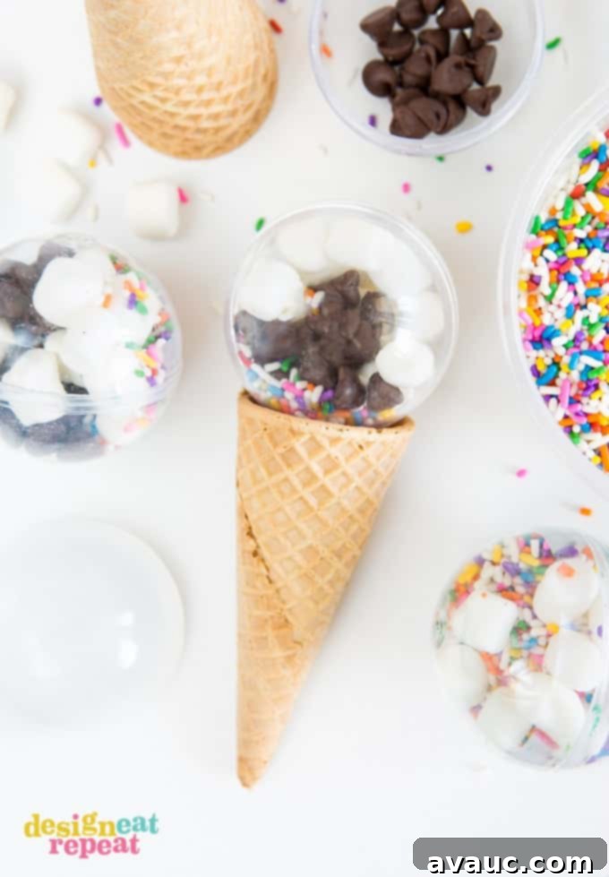 Fill plastic balls with your favorite toppings for a fun way to allow guest's to personalize their bowl of ice cream! Perfect ice cream party favors!