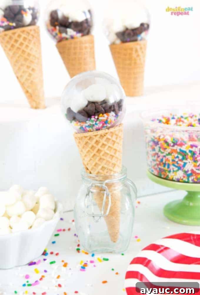 Fill plastic balls with your favorite toppings for a fun way to allow guest's to personalize their bowl of ice cream! Perfect ice cream party favors!