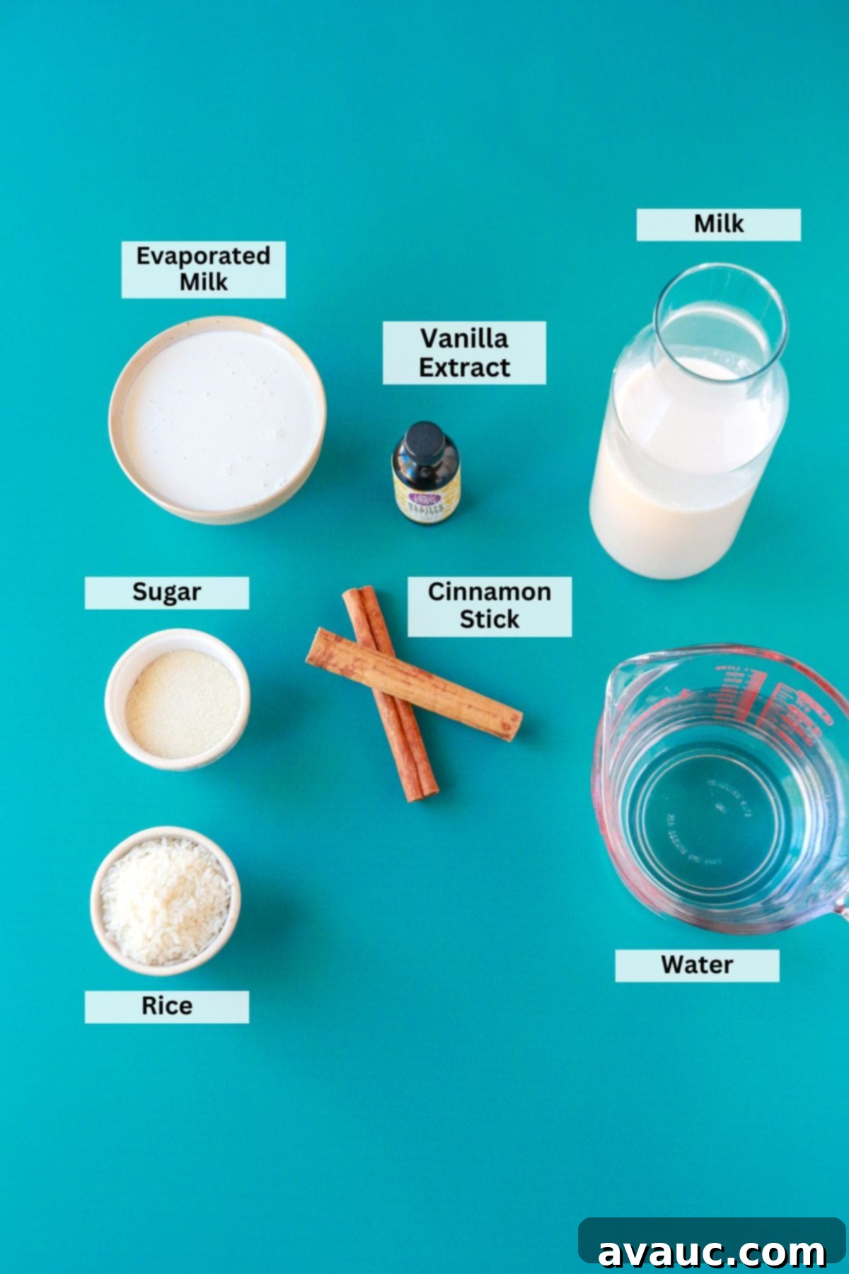 Creamy Rice Atole Dairy-Free Friendly 3 Ingredients for atole de arroz: evaporated milk, milk, vanilla extract, cinnamon sticks, sugar, water, rice