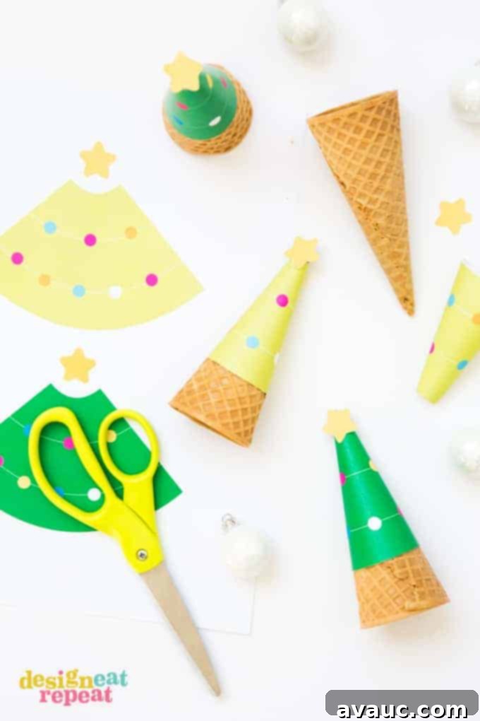 Printable Christmas Tree Cone Decorations 5 Collection of finished Christmas tree ice cream cones with star toppers on a festive red and gold holiday background