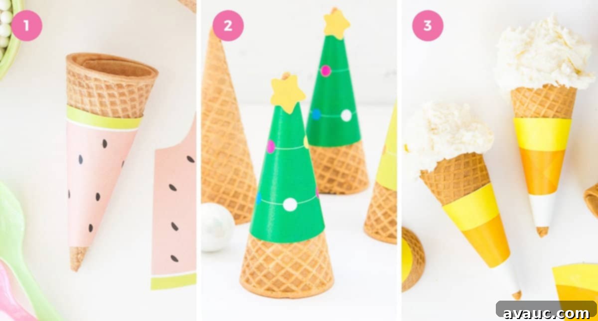 Printable Christmas Tree Cone Decorations 6 Collection of various printable ice cream cone wrapper designs, including strawberry, watermelon, and other seasonal patterns