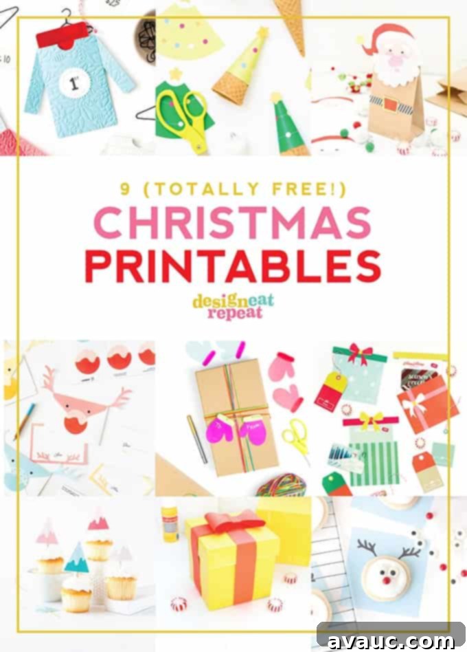 Printable Christmas Tree Cone Decorations 7 Collage of various festive Christmas party decor and treat ideas, including holiday printables and DIY projects