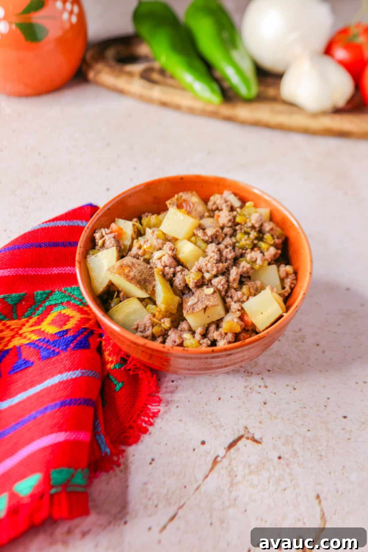 Bowl of Green Chile Picadillo (Chile verde con carne molida)