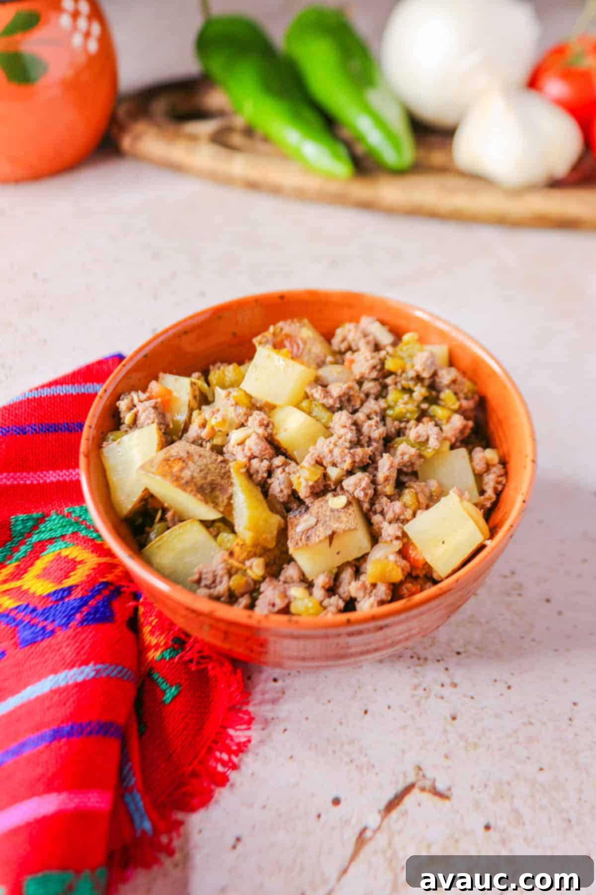 Bowl of Green Chile Picadillo (Chile verde con carne molida)
