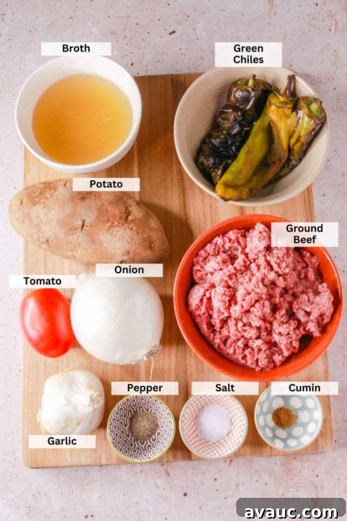 Ingredients for Chile verde picadillo: roasted green chiles, broth, potato, ground beef, onion, tomato, garlic, black pepper, salt, ground cumin