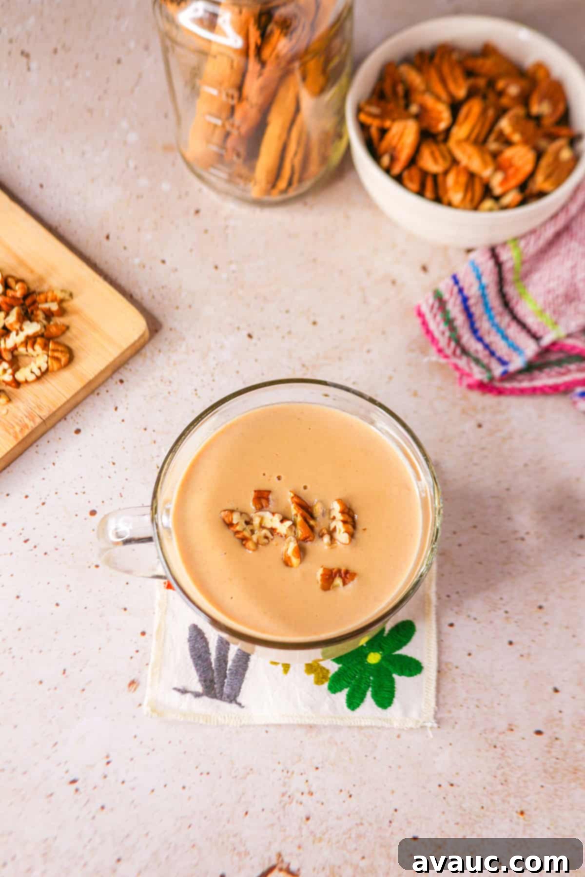 Dairy-Free Atole de Nuez 10 Overhead view of Atole de nuez in a clear mug (pecan atole)