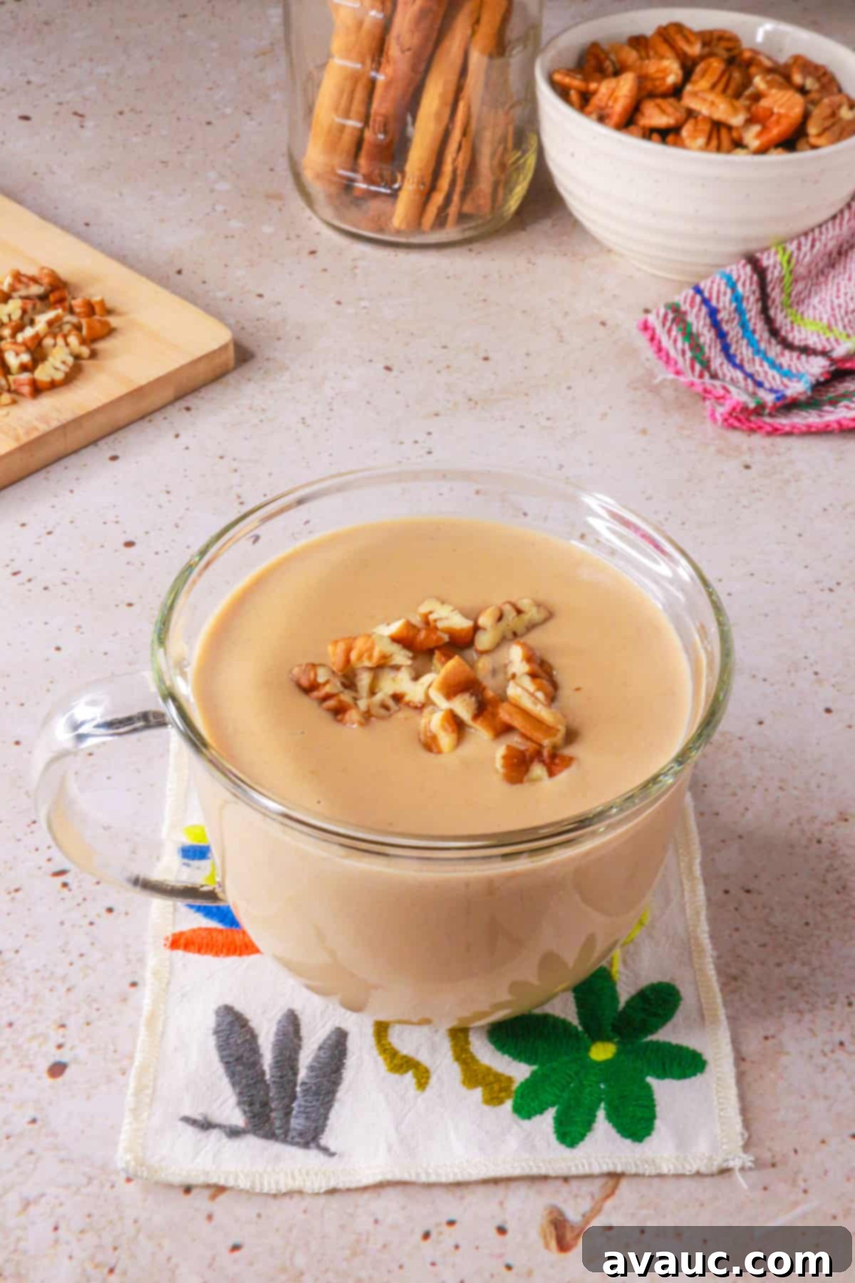 Dairy-Free Atole de Nuez 11 Atole de nuez in a clear mug (pecan atole)