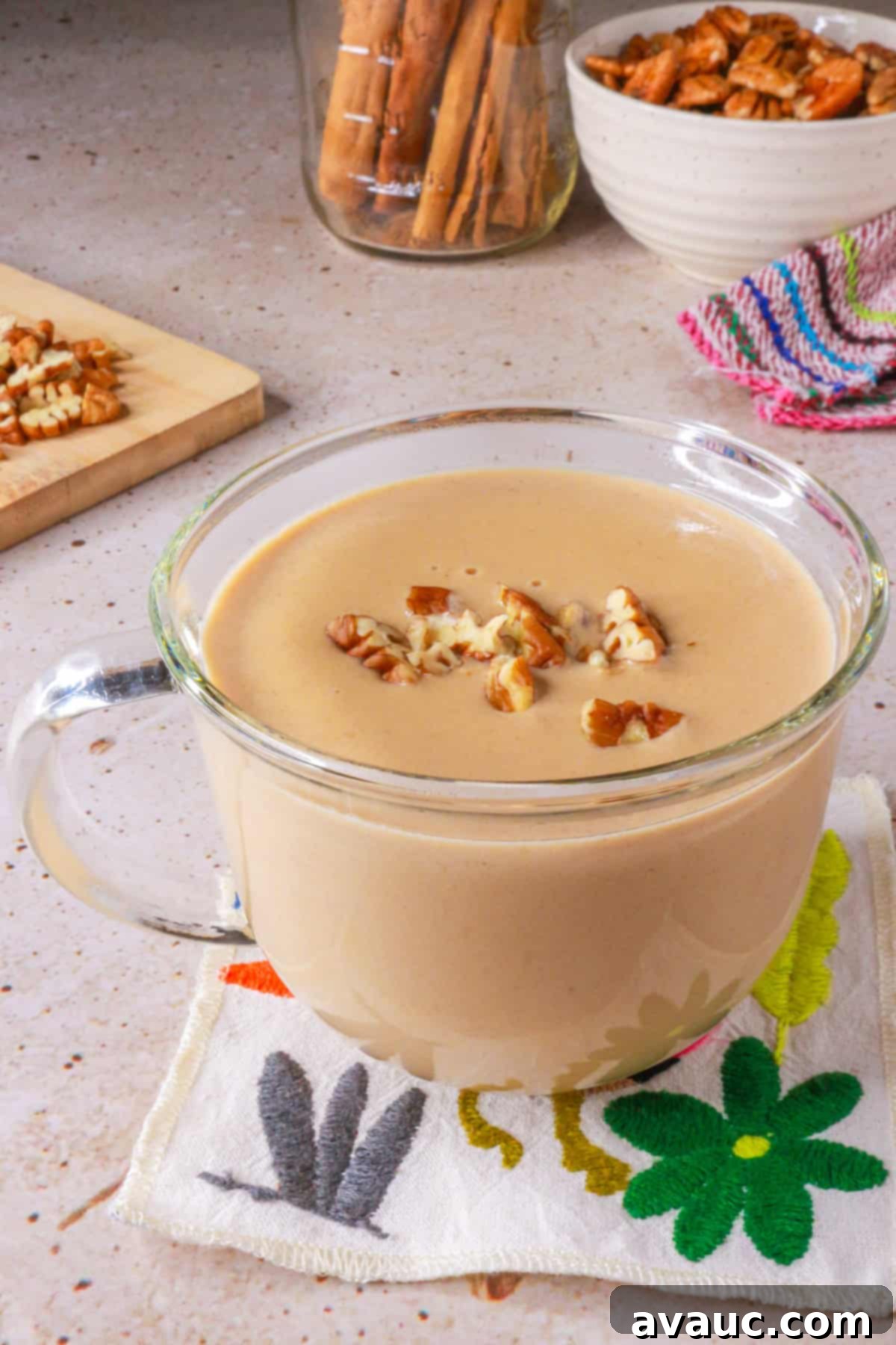 Dairy-Free Atole de Nuez 2 Atole de nuez in a clear mug (pecan atole)