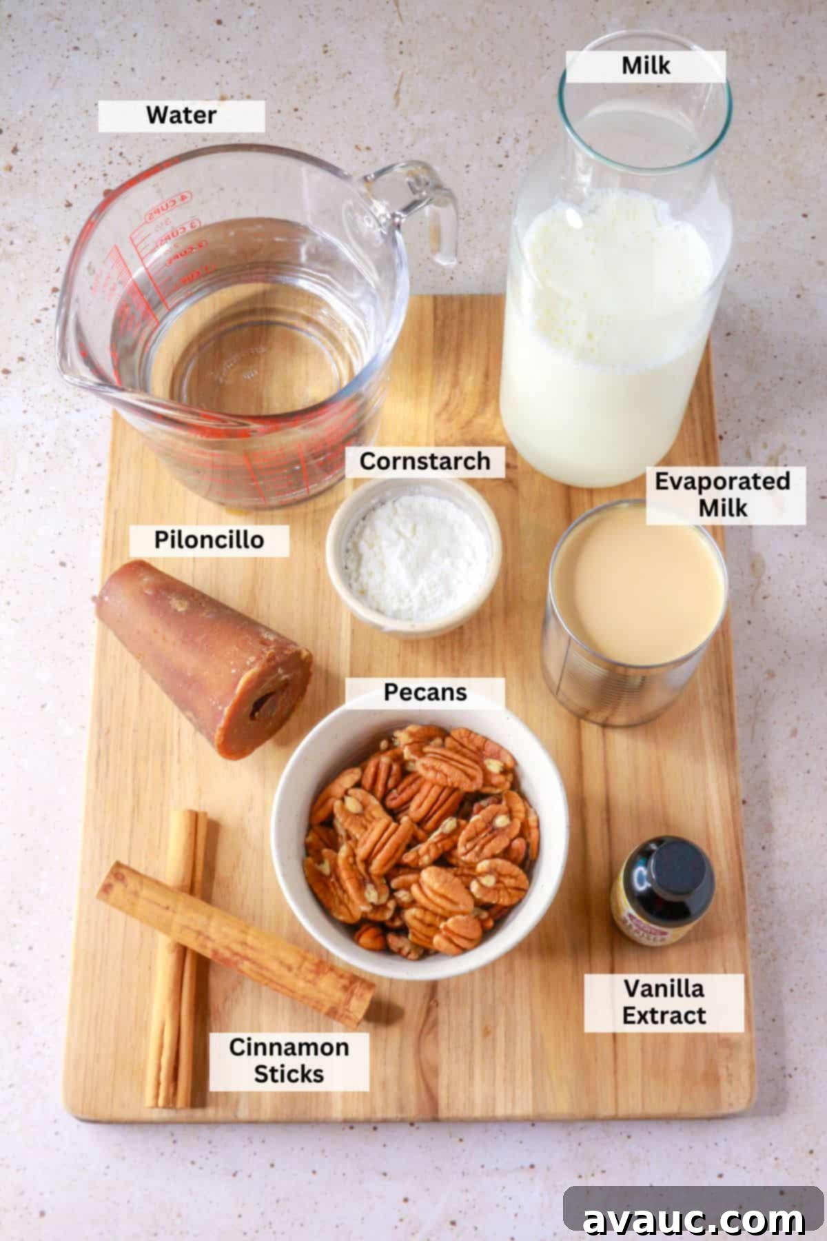 Dairy-Free Atole de Nuez 3 Ingredients for atole de nuez: milk, water, piloncillo, cornstarch, evaporated milk, pecans, cinnamon sticks, vanilla extract
