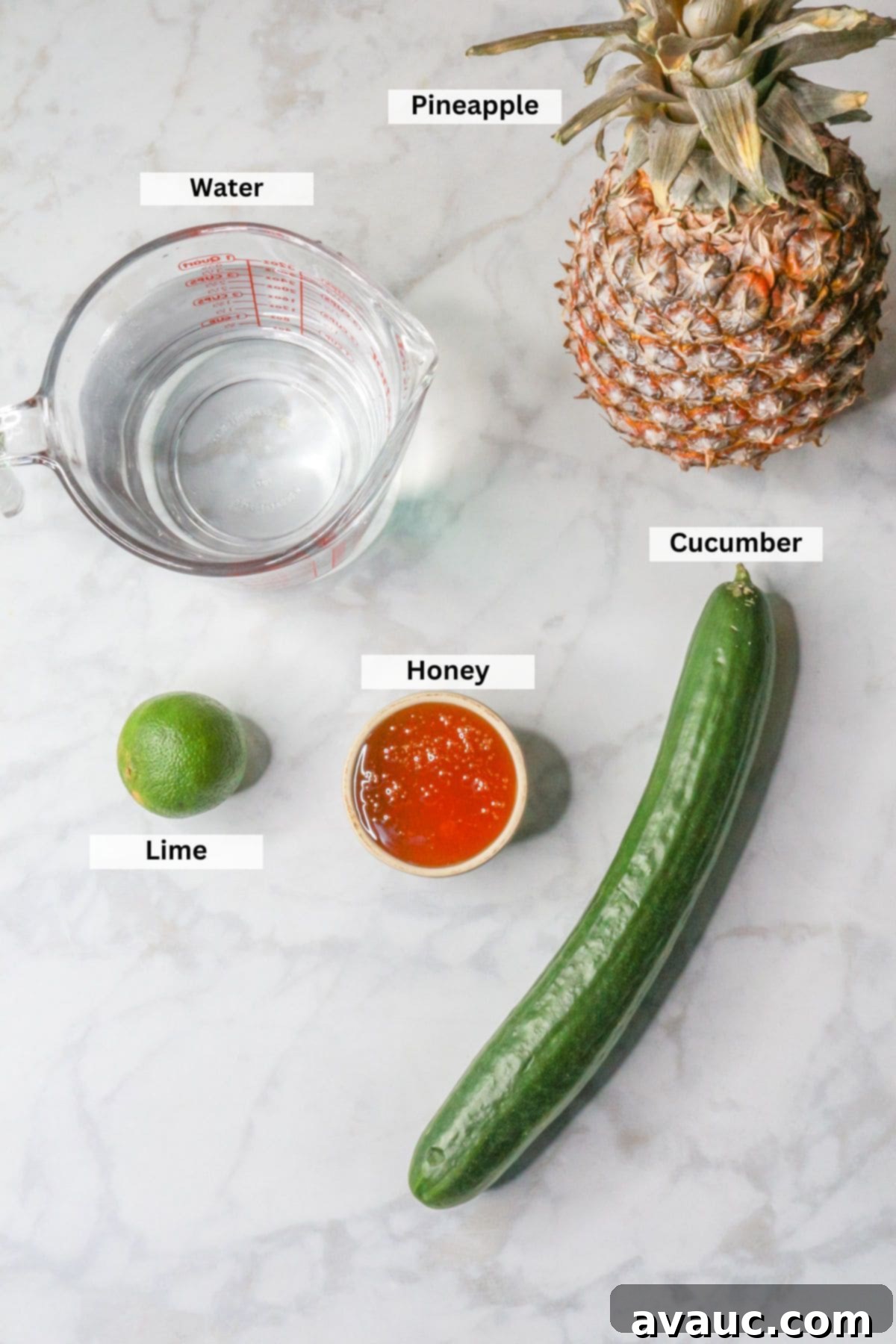 Crisp Pineapple Cucumber Agua Fresca 3 Fresh ingredients for Agua de Piña y Pepino: ripe pineapple, cool water, crisp cucumber, sweet honey, and zesty lime