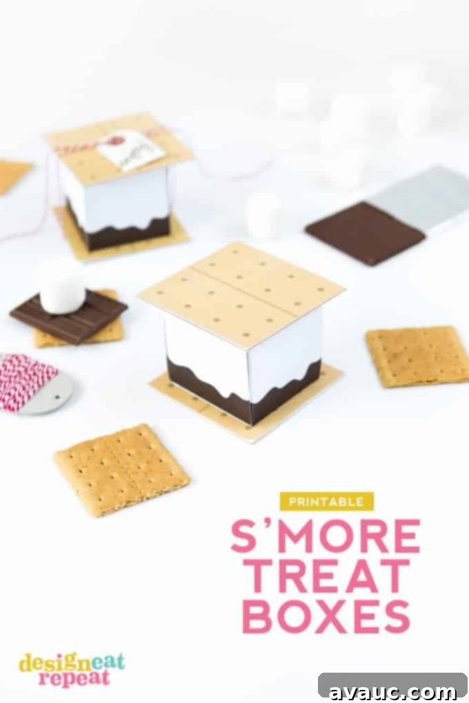 Sweet S'more Treat Box Printables 2 Free printable s'more treat box design with a rustic wood background, ready for assembly.