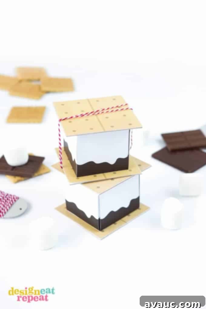 Sweet S'more Treat Box Printables 3 An open free printable s'more treat box displaying the graphic design of a s'more.