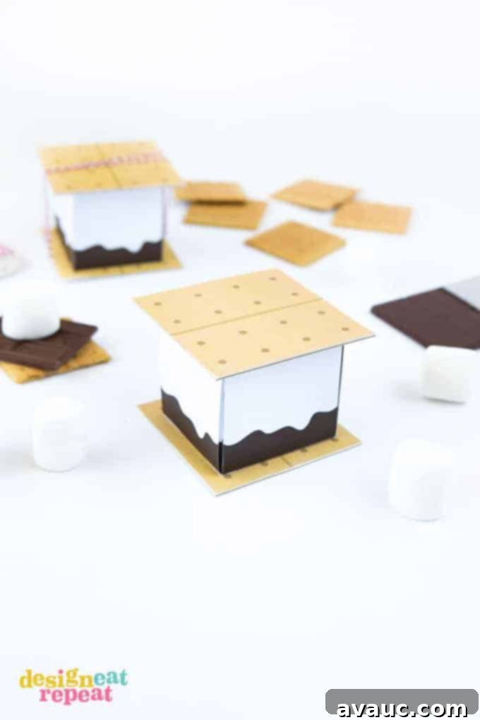 Sweet S'more Treat Box Printables 6 Multiple s'more treat boxes stacked, with one tied with twine and a small tag.