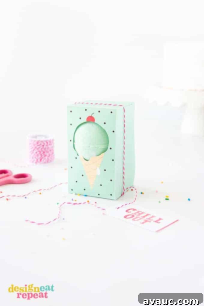 Gift bath bombs in these adorable ice cream themed "Chill Out" bath bomb gift boxes! Free to download at Design Eat Repeat!